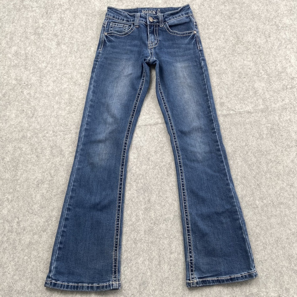 Rockin' C Jeans Girls 10 (23x26) Blue Bootcut Embroidered Cross Pockets *STAIN*